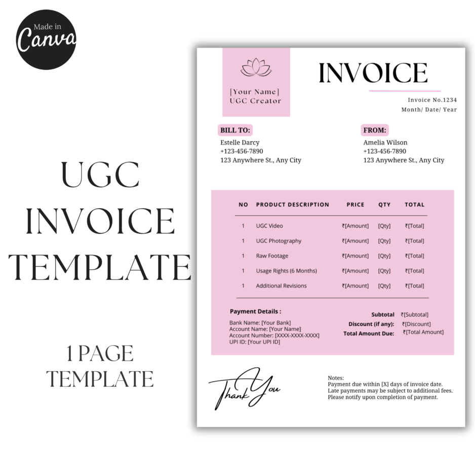 A fully editable UGC invoice template for creators, influencers, and service-based businesses. Includes customizable text, fonts, colors, and layout in Canva. Digital download with no physical materials.
